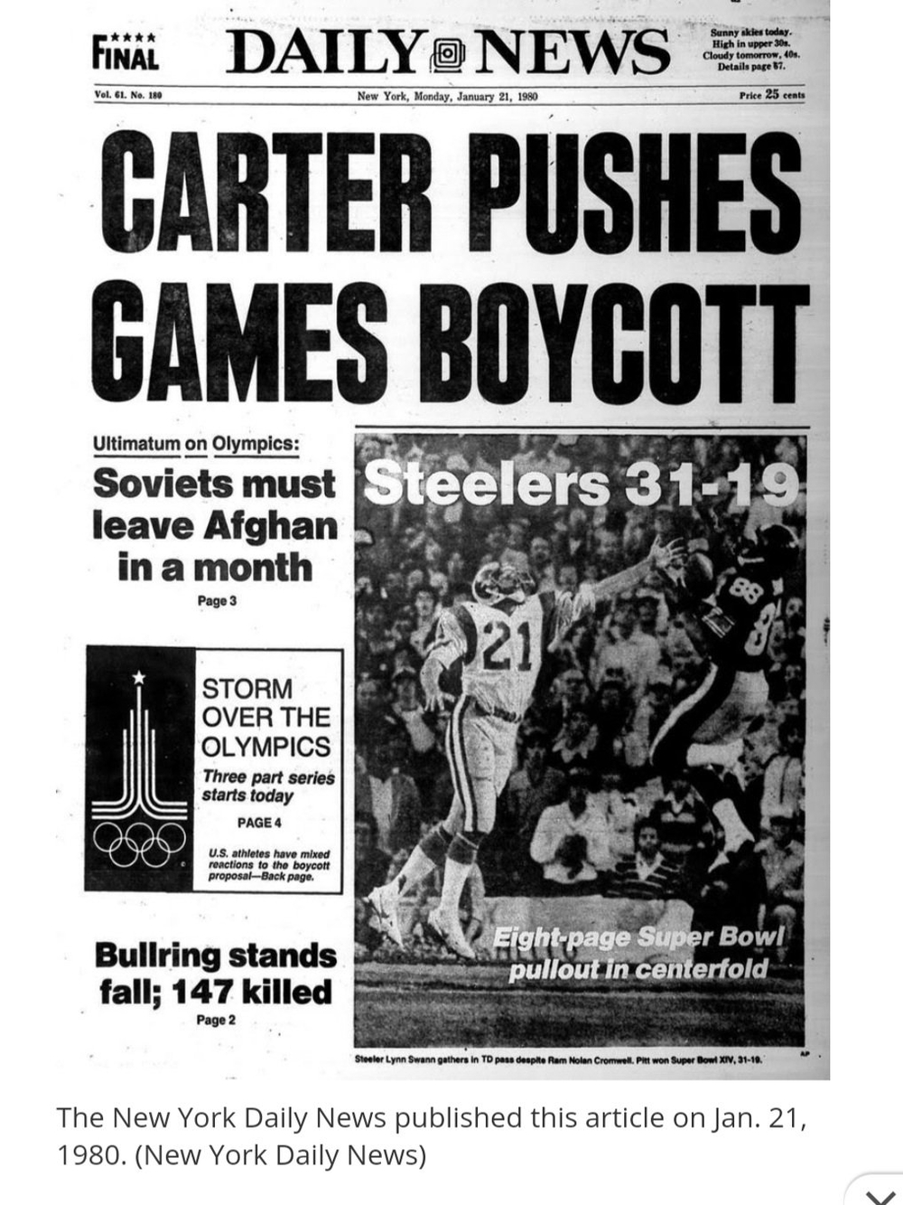 Nation boycotts Moscow Olympics due to Soviet Afghan invasion protest, impacting sporting event.