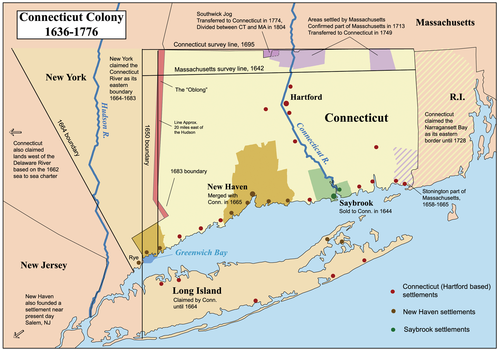 Colony of Connecticut founded through the establishment of settlements by English Puritans.