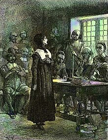 Anne Hutchinson exiled from Massachusetts for her religious beliefs challenging Puritan authority.