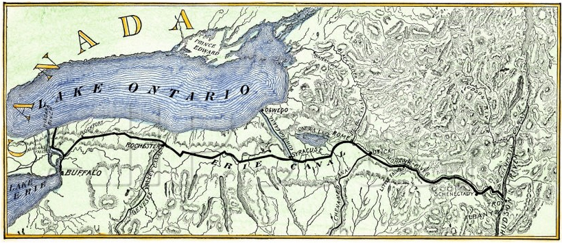 Erie Canal links Great Lakes and Atlantic Ocean, boosting trade and transportation.
