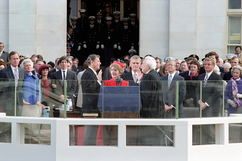 Ronald Reagan becomes the 40th President, inaugurated to lead the country.