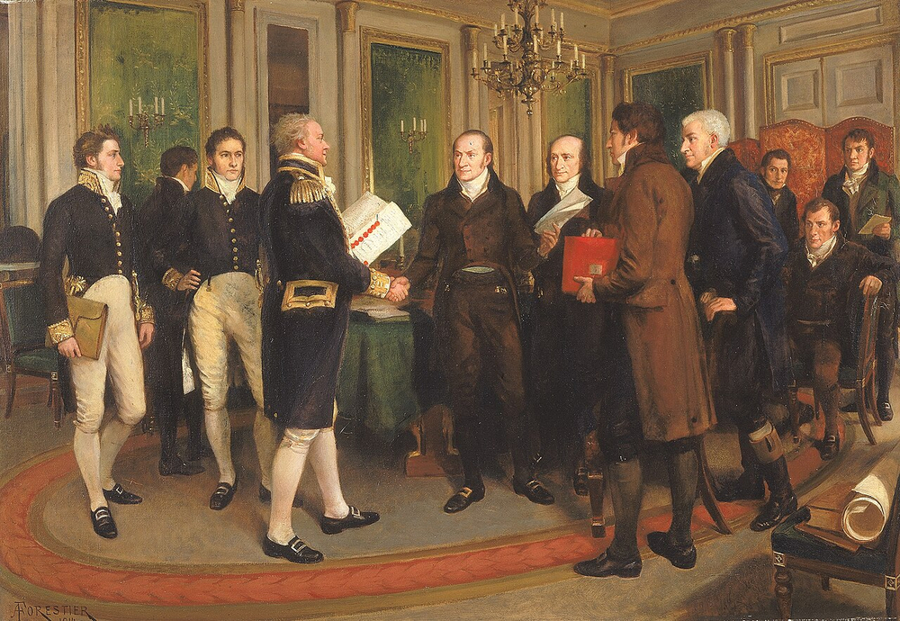 Treaty of Ghent ends War of 1812, establishes pre-war borders between US and Canada.