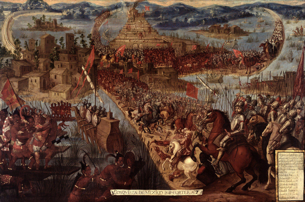 The Aztec Empire's downfall after the siege of Tenochtitlan by Spanish conquerors.