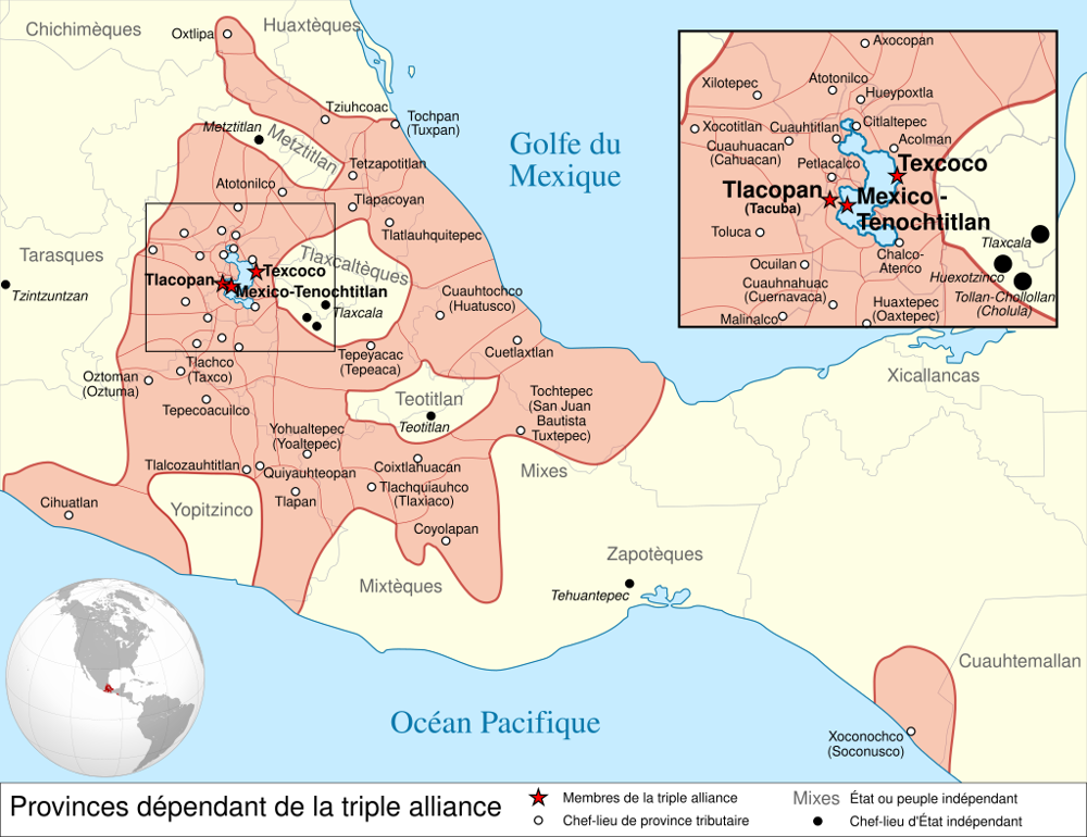 Formation of Aztec Triple Alliance united Tenochtitlan, Texcoco, and Tlacopan for power.