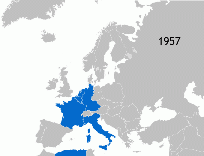 Formation of ECSC, EEC, and Euratom merger for a unified European community.