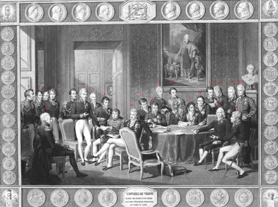 Post-Napoleonic Europe peace talks reshaping continent's political landscape after defeat of Napoleon.