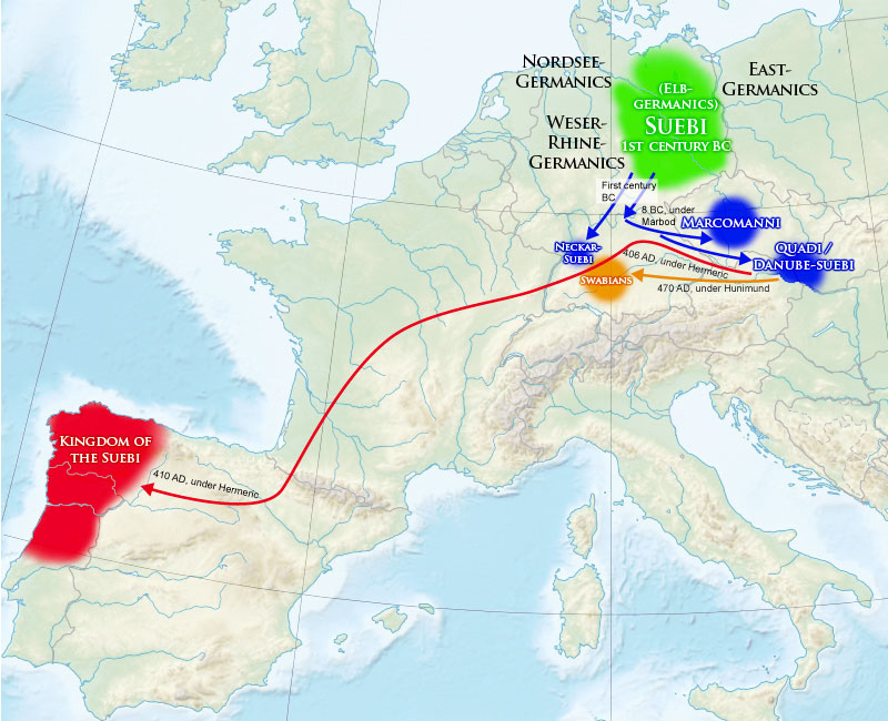 Germanic Suebi tribe establishes kingdom in present-day Portugal with administrative changes and religious practices.