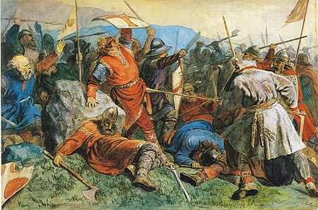 Epic battle and martyrdom leading to cultural significance in Norwegian history and tradition.