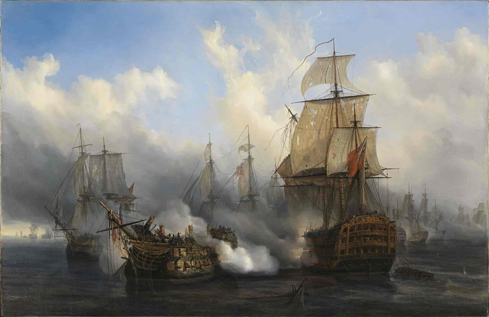 Admiral Nelson leads British navy to victory against French and Spanish fleets at Trafalgar.