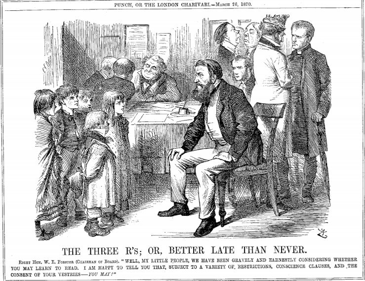 Implementation of the Education Act of 1870 towards establishing a state education system.