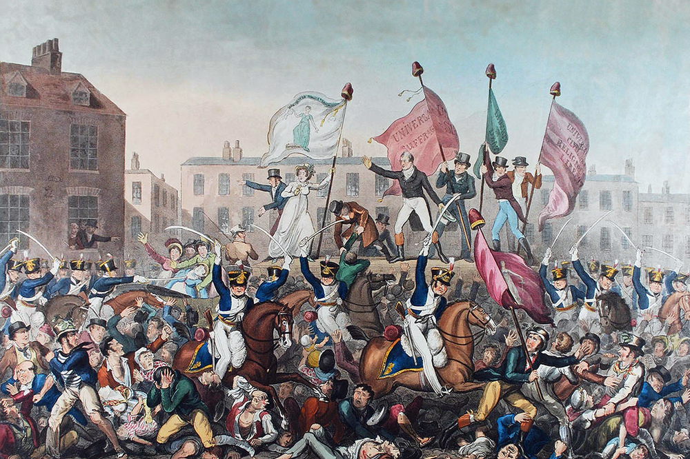Peterloo Massacre: British cavalry charges into Manchester protesters, causing casualties.