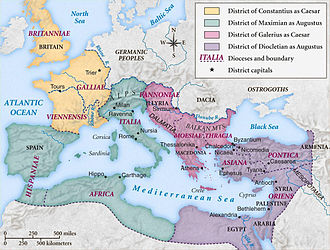 Emperor Diocletian's division: Western and Eastern Roman Empires established for governance efficiency.
