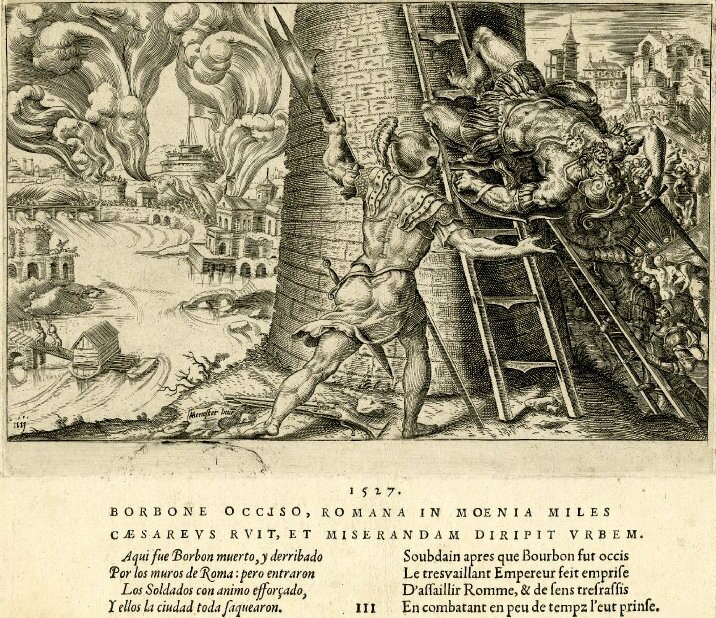Sack of Rome: City overrun and plundered by invaders, leading to chaos and destruction.