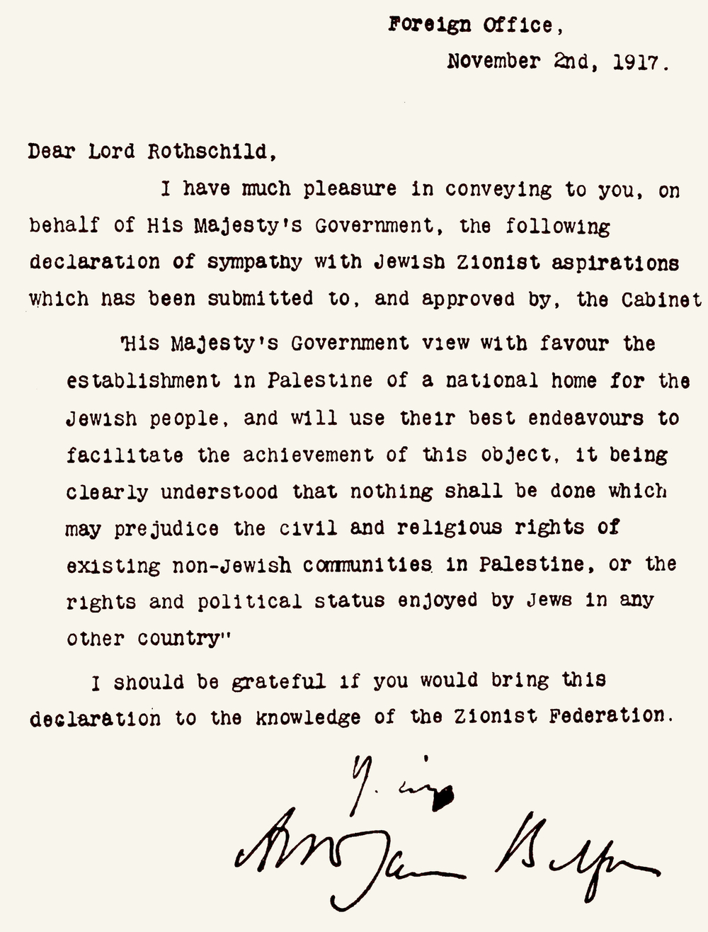 Balfour Declaration: British support for Jewish homeland in Palestine during World War I.