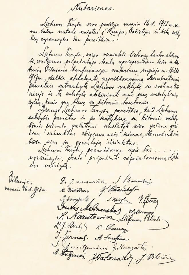Lithuania's Declaration of Independence during Russian Empire collapse in World War I.