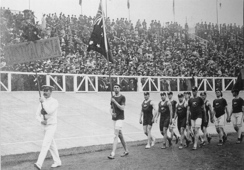 First New Zealanders in the Olympics with Australasian team.