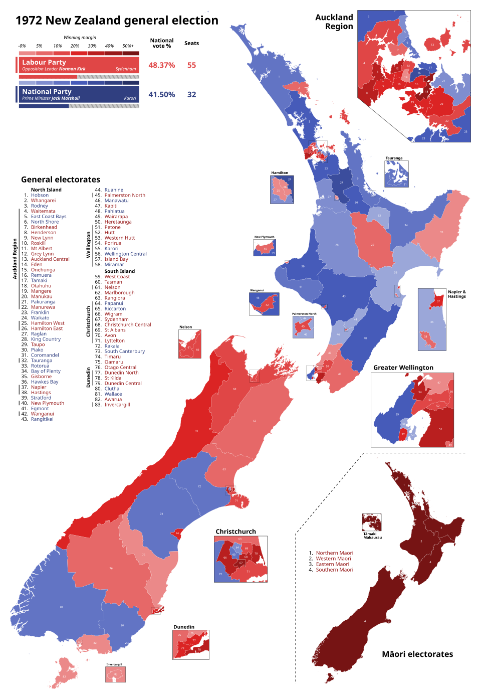 General election: Labour Government with Norman Kirk as Prime Minister.