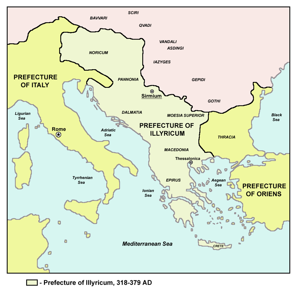 Division of Illyricum into Dalmatia and Pannonia.