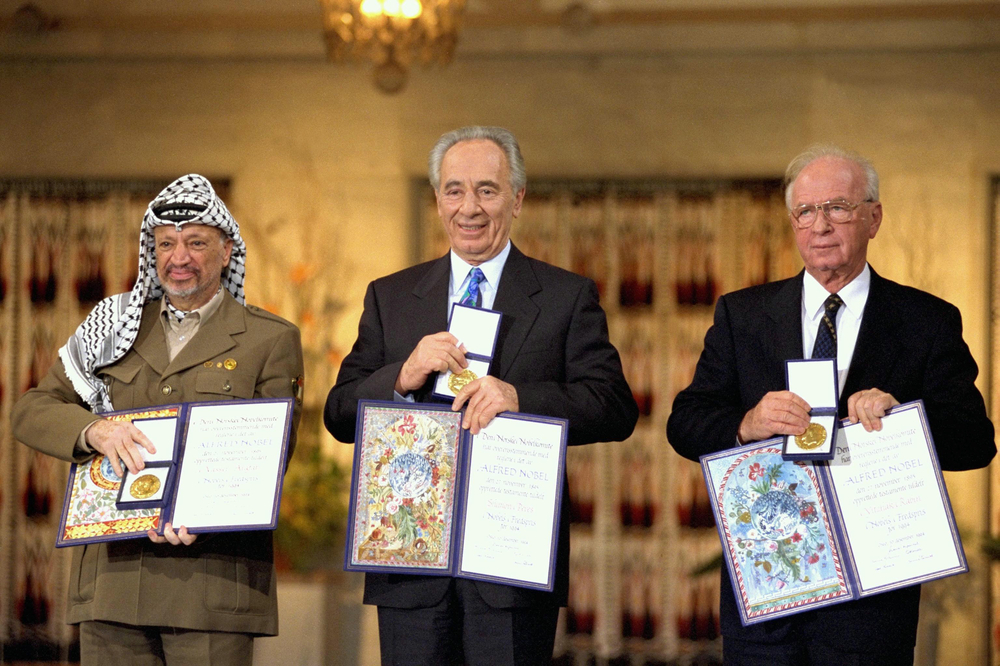 Nobel Prize honors Arafat, Peres, Rabin for Middle East peace contributions.