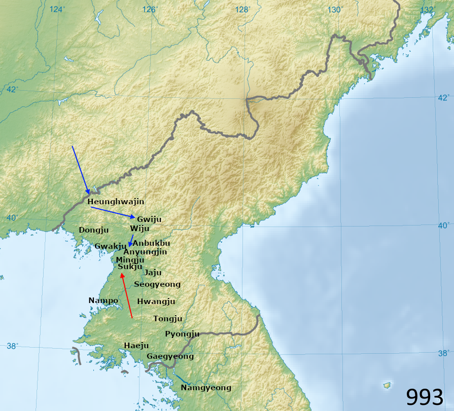 First conflict in Goryeo-Khitan War: Khitans invasion and tributary status over Goryeo.
