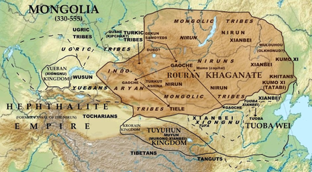 Yujiulü Shelun becomes Khagan, establishing Rouran Khaganate.