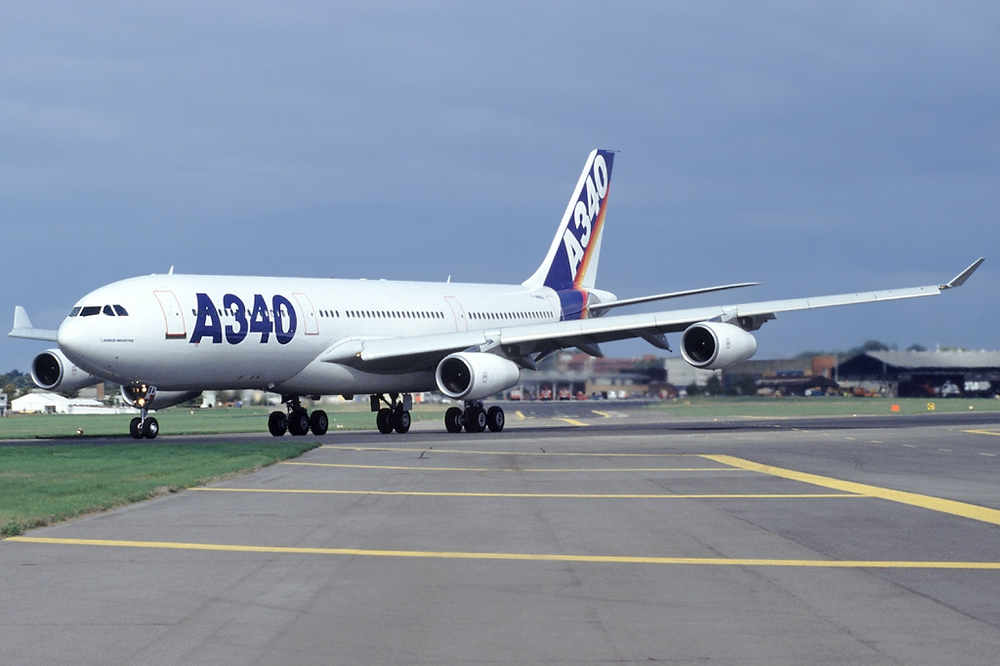 First flight of the four-engine, long-haul A340.