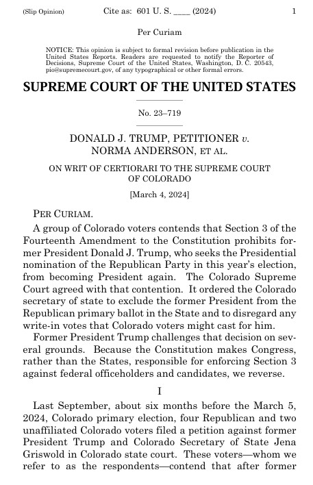 Supreme Court Rules States Can't Exclude Trump from Ballots Over 14th Amendment
