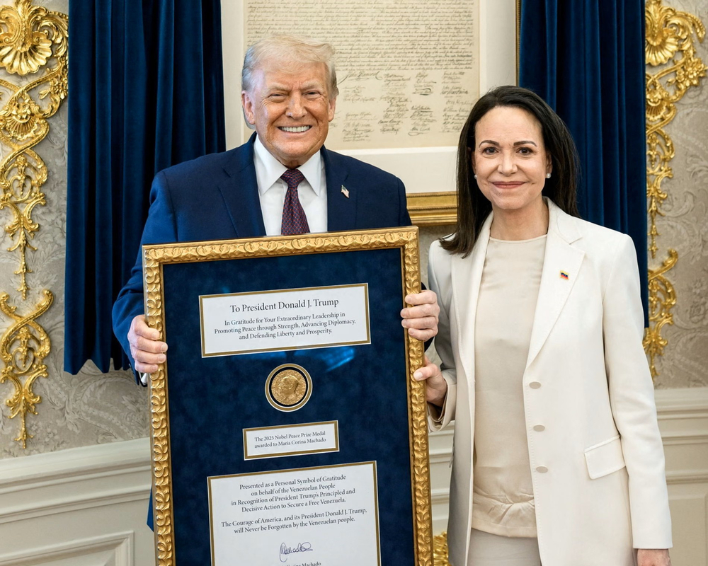 María Corina Machado gives her Nobel Peace Prize medal to President Donald Trump