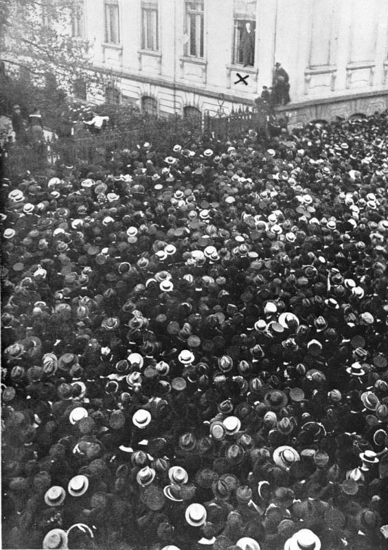 Moment image for Establishing the Weimar Republic after Kaiser Wilhelm II's abdication amid political unrest.