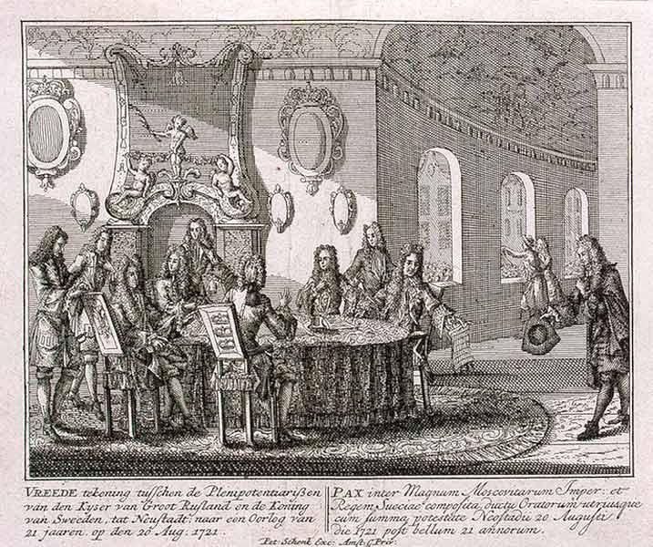 Moment image for Treaty of Nystad ends Great Northern War, ceding territories to Russia.