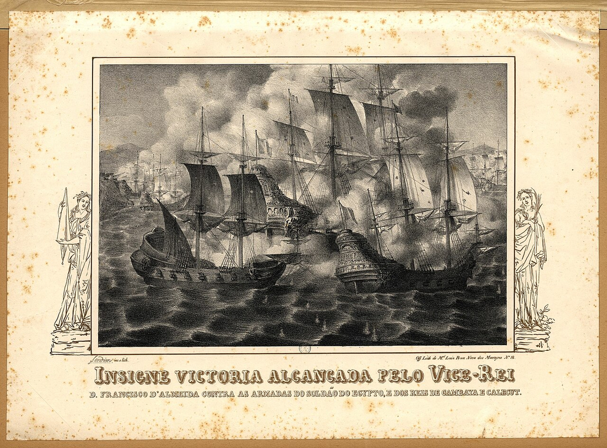 Moment image for Portuguese fleet triumphs over Egyptian-Ottoman fleet in Battle of Diu in naval confrontation.