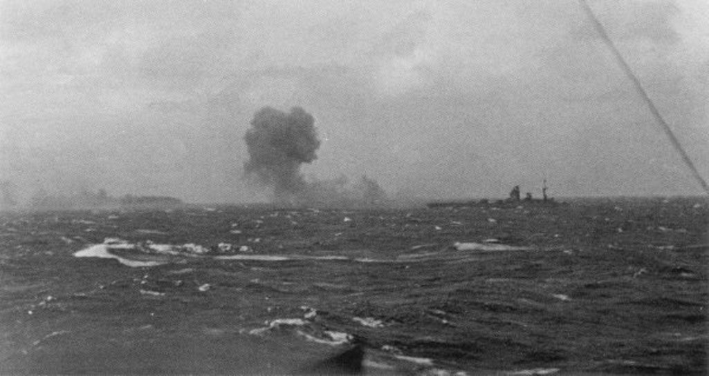 Moment image for Bismarck sunk by Royal Navy