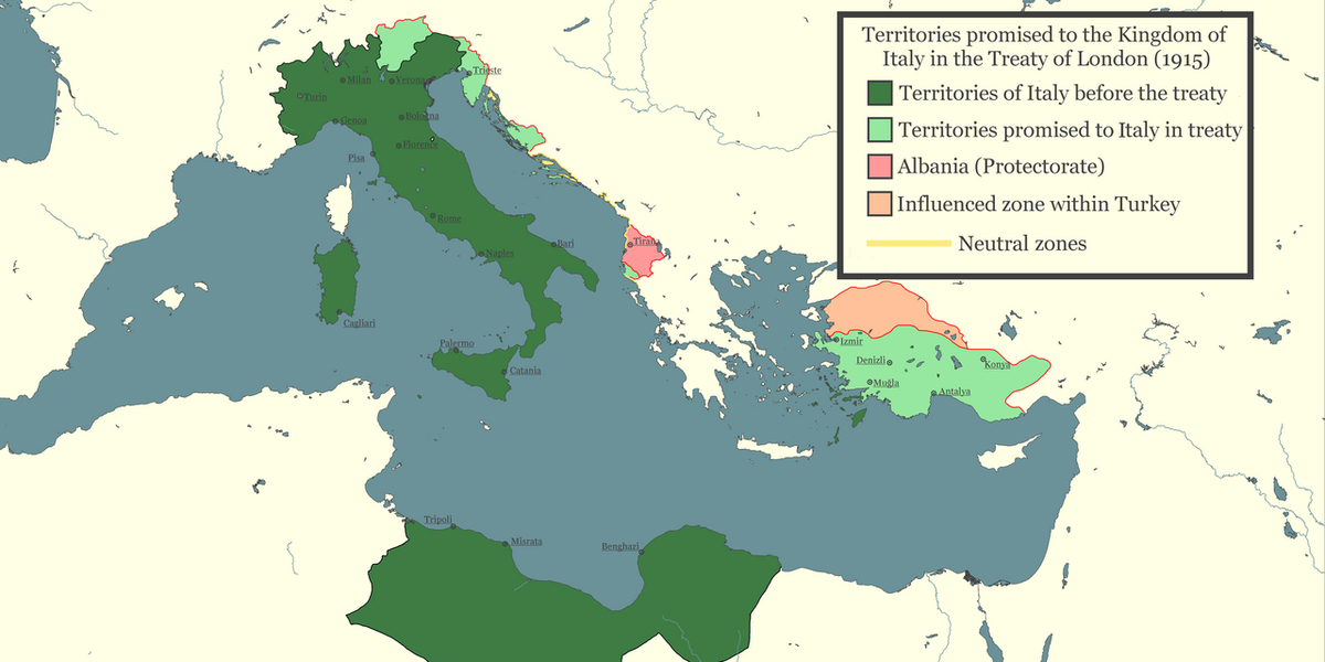 Moment image for Treaty of London: Italy joins Allies, gains territories, impacts WWI dynamics.