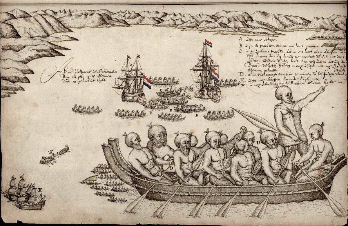 Moment image for Fatal Encounter at Wharewharangi Bay: Tasman's Crew Slain, Ships Depart
