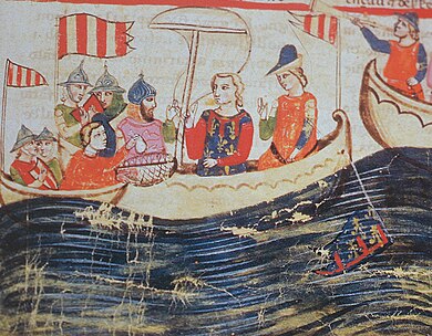 Moment image for Aragonese and Sicilian navies capture Charles of Anjou and ten galleys in the Battle of the Gulf of Naples.