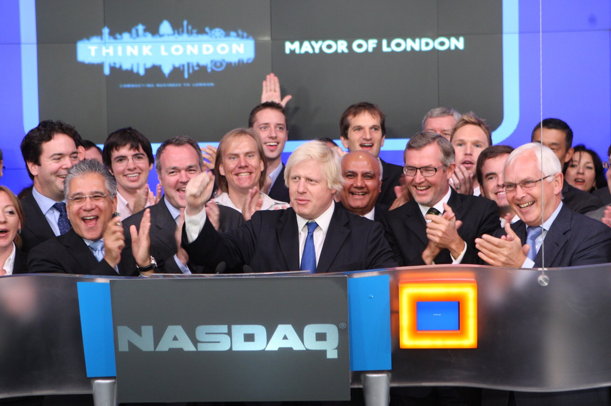 Moment image for Boris Johnson invited to open the NASDAQ stock exchange in New York City.