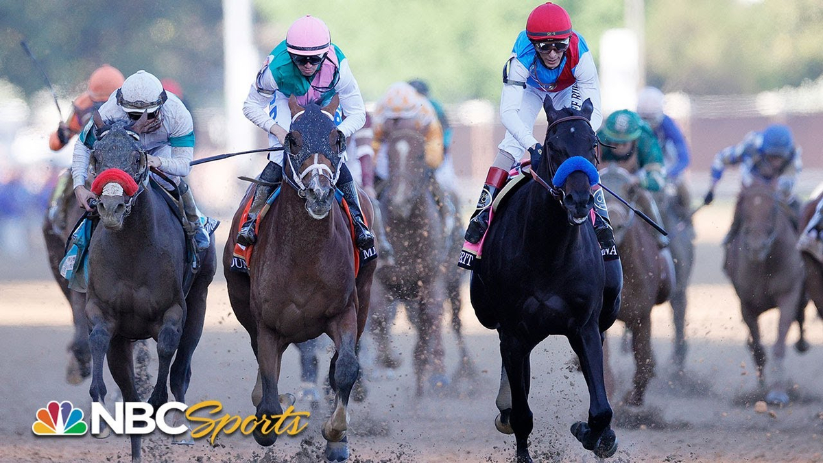 Moment image for Mandaloun wins with jockey Geroux, trainer Cox; owned by Juddmonte on a fast track.